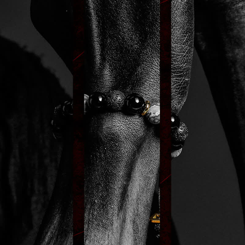 Braccialetto di perline di labradorite e ossidiana naturale Olivenorma "Cold Night" 