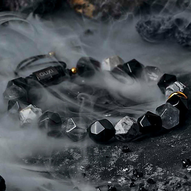 Braccialetto di perline di labradorite e ossidiana naturale Olivenorma "Cold Night" 