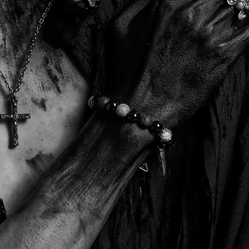 Braccialetto di perline di labradorite e ossidiana naturale Olivenorma "Cold Night" 