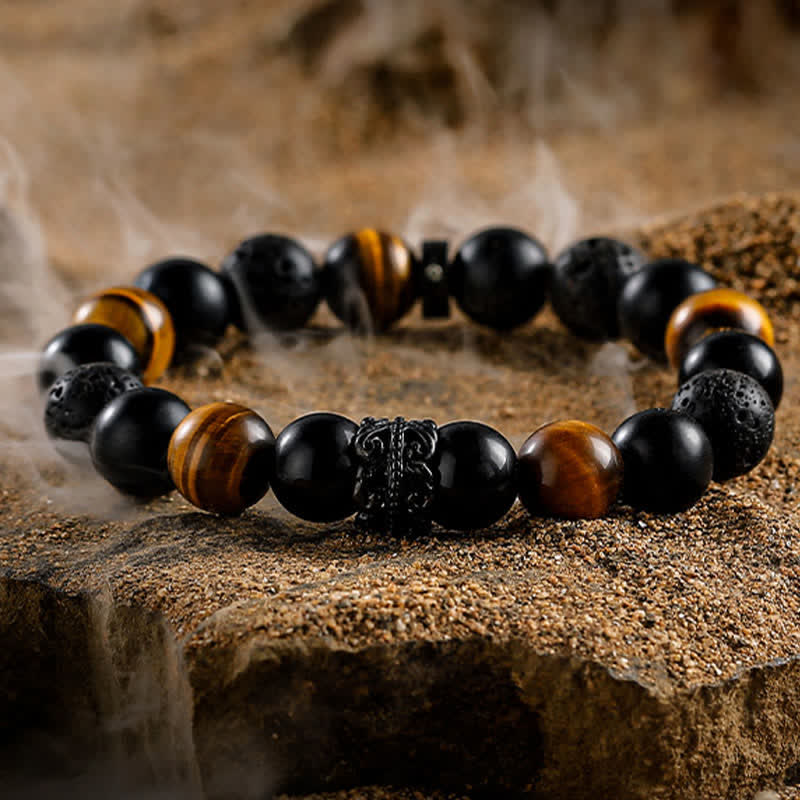 Bracciale Olivenorma "Lord Black Warrior" con perline di cristallo naturale - Ossidiana, occhio di tigre e pietra lavica - 19 centimetri - image 13