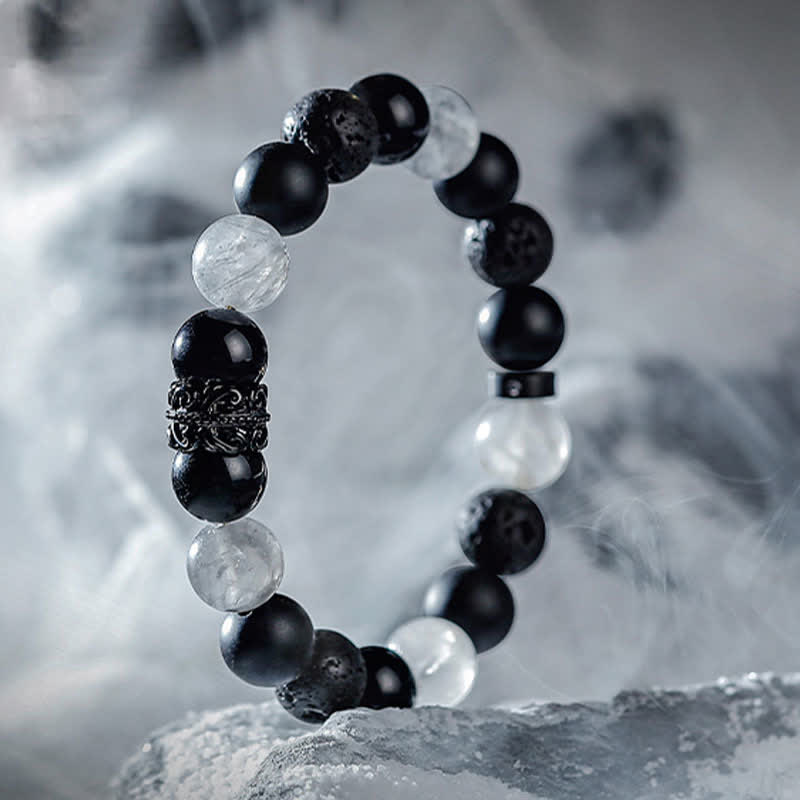 Bracciale Olivenorma "Lord Black Warrior" con perline di cristallo naturale - Ossidiana, cristallo trasparente e pietra lavica - 19 centimetri - image 4