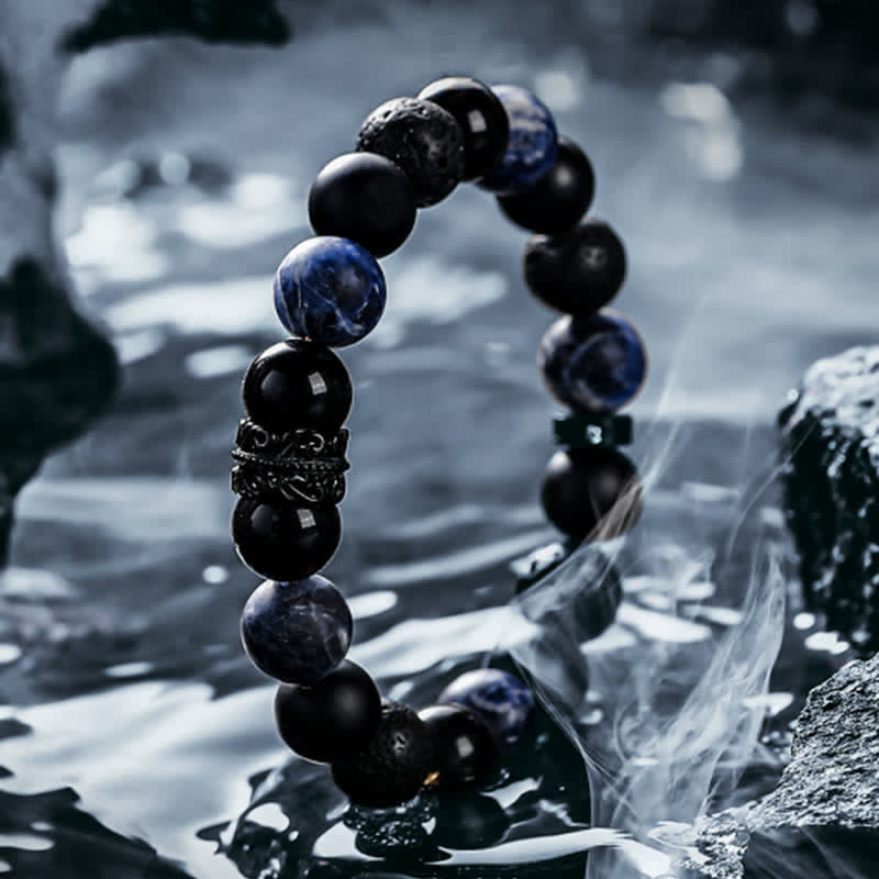 Bracciale Olivenorma "Lord Black Warrior" con perline di cristallo naturale - Ossidiana, sodalite e pietra lavica - 19 centimetri - image 6