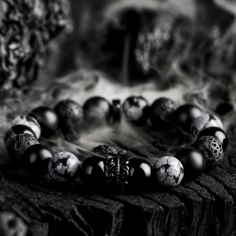 Bracciale Olivenorma "Lord Black Warrior" con perline di cristallo naturale - Ossidiana e Fiocco di Neve Ossidiana e Pietra Lavica - 19 centimetri - image 0