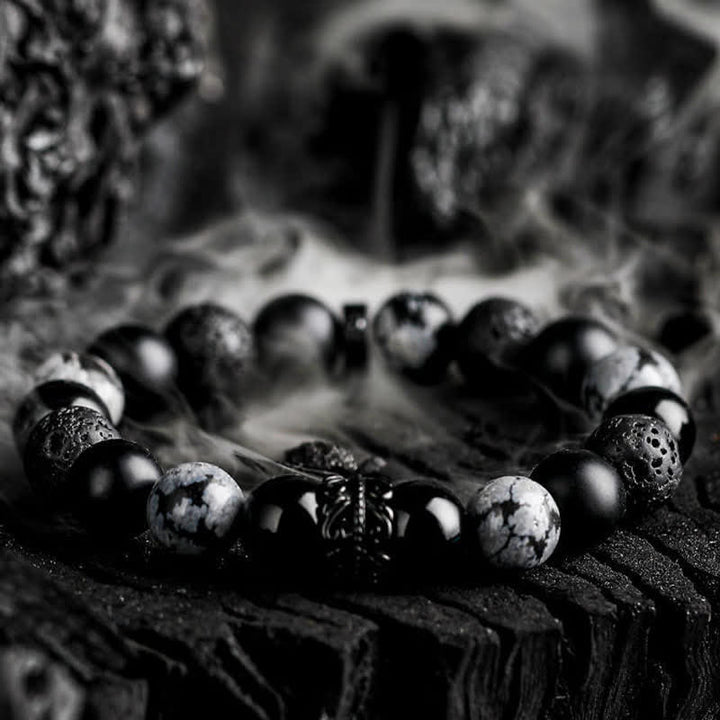 Bracciale Olivenorma "Lord Black Warrior" con perline di cristallo naturale - Ossidiana e Fiocco di Neve Ossidiana e Pietra Lavica - 19 centimetri - image 0