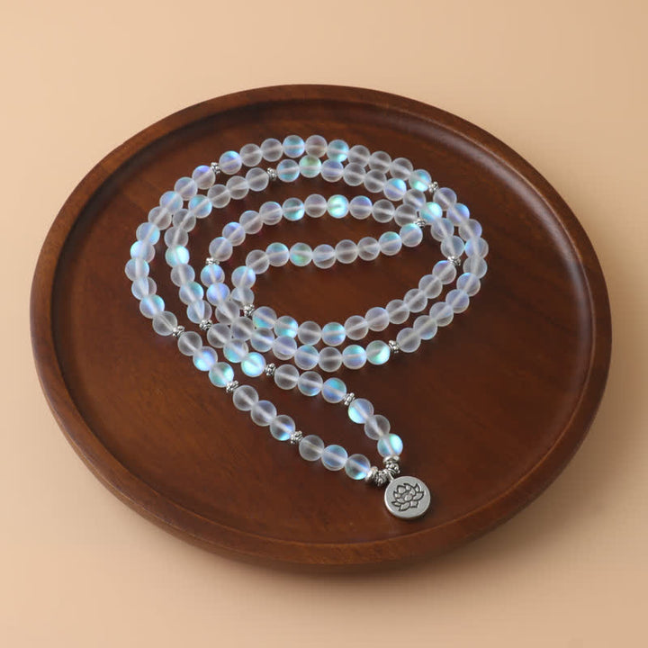 Olivenorma 108 Moonstone Mala Beads Collana con ciondolo di loto 