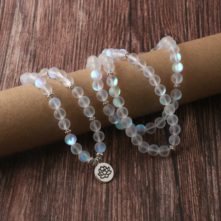 Olivenorma 108 Moonstone Mala Beads Collana con ciondolo di loto 