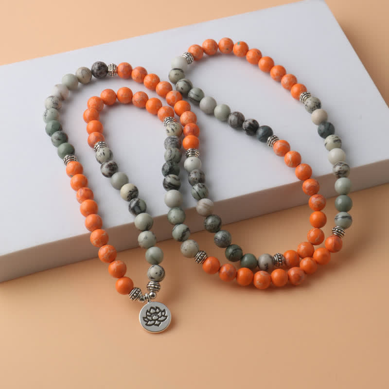 Olivenorma 108 Collana con ciondolo di loto in pietra imperatore arancione Mala Beads