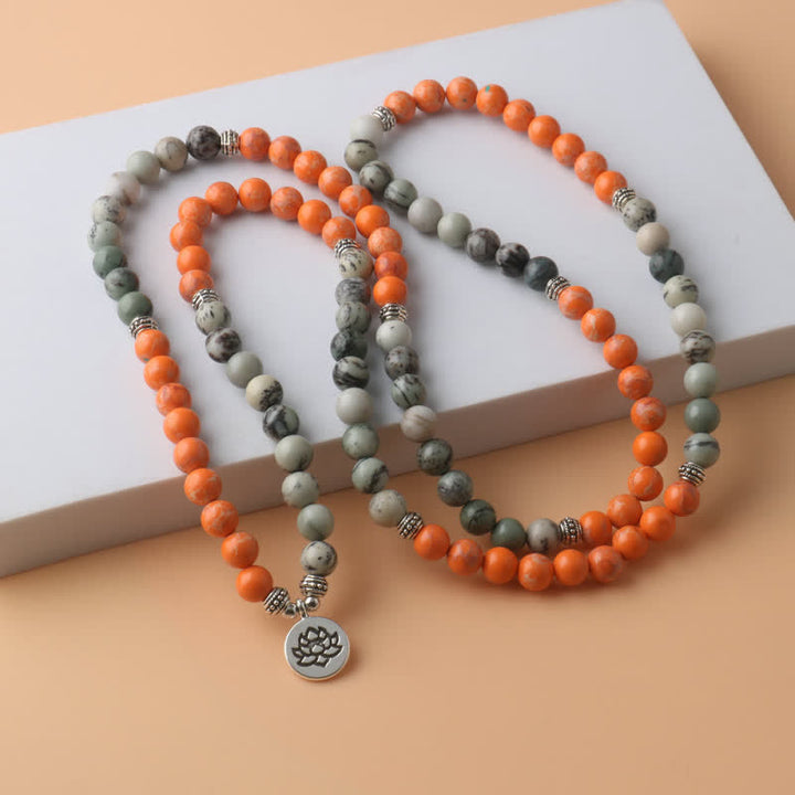 Olivenorma 108 Collana con ciondolo di loto in pietra imperatore arancione Mala Beads