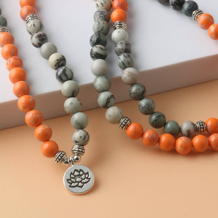 Olivenorma 108 Collana con ciondolo di loto in pietra imperatore arancione Mala Beads