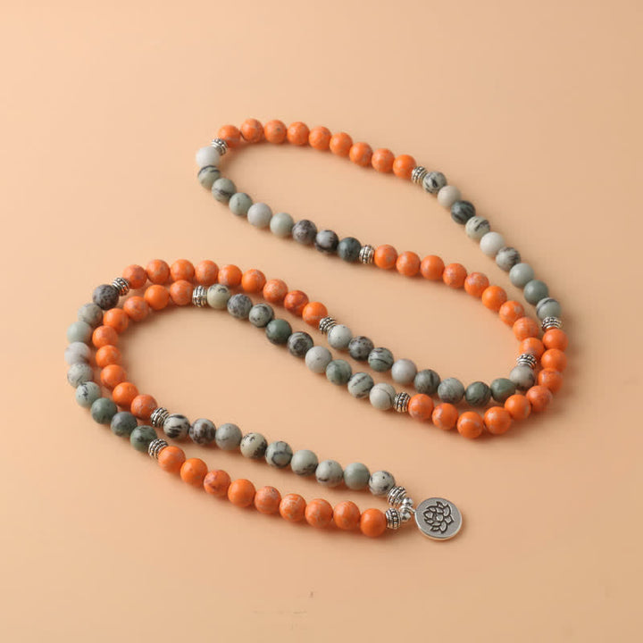 Olivenorma 108 Collana con ciondolo di loto in pietra imperatore arancione Mala Beads