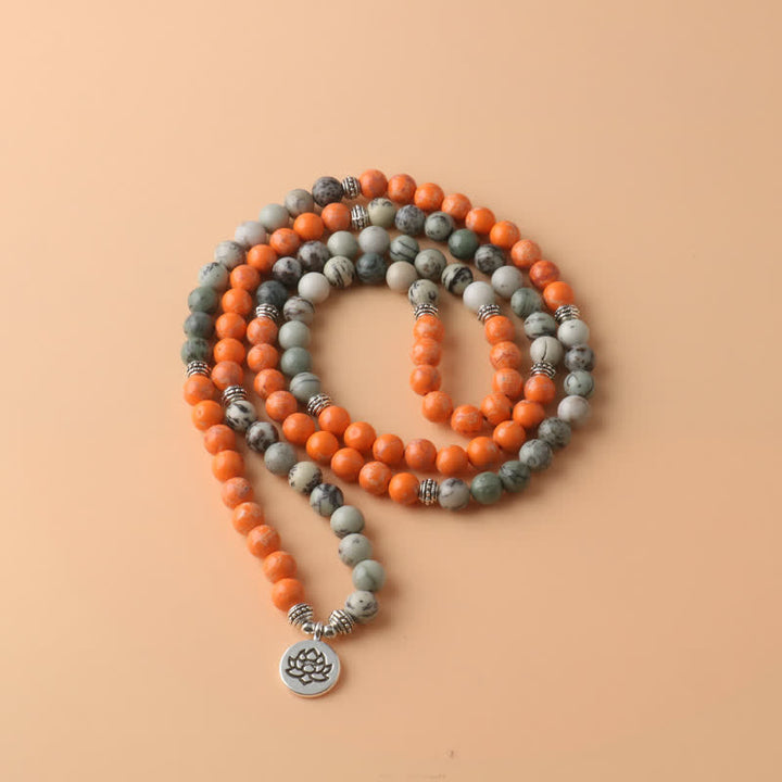 Olivenorma 108 Collana con ciondolo di loto in pietra imperatore arancione Mala Beads