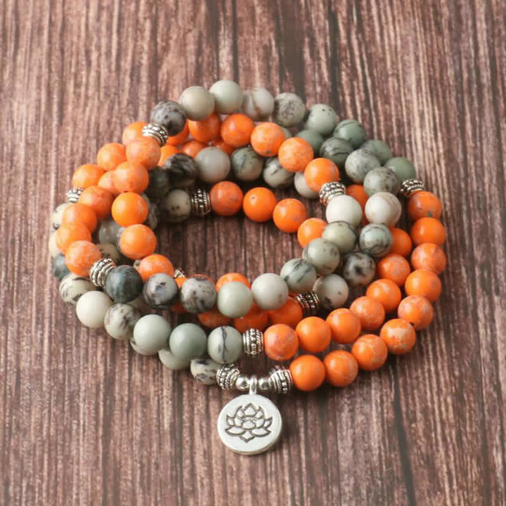 Olivenorma 108 Collana con ciondolo di loto in pietra imperatore arancione Mala Beads