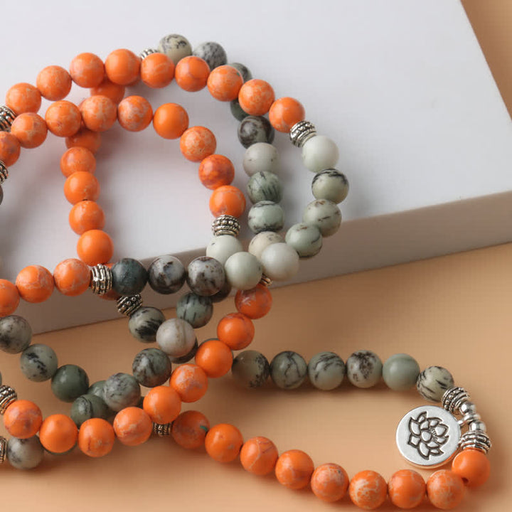 Olivenorma 108 Collana con ciondolo di loto in pietra imperatore arancione Mala Beads