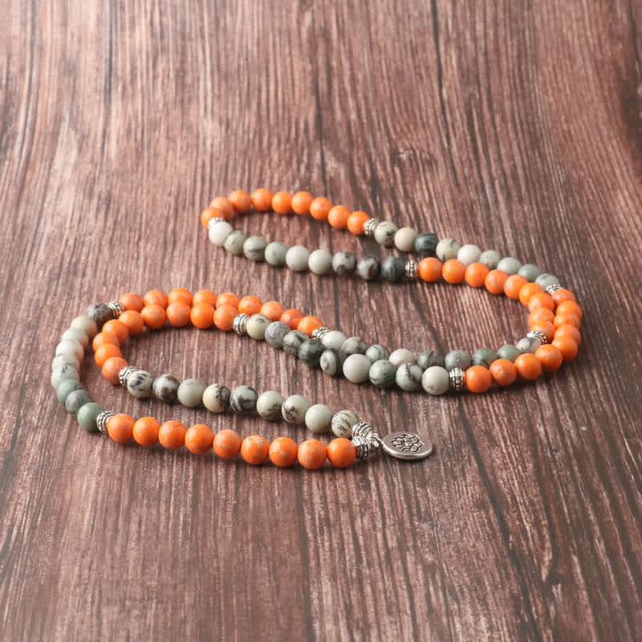 Olivenorma 108 Collana con ciondolo di loto in pietra imperatore arancione Mala Beads