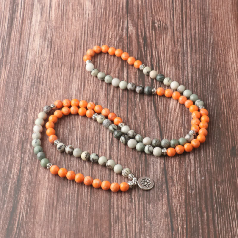 Olivenorma 108 Collana con ciondolo di loto in pietra imperatore arancione Mala Beads
