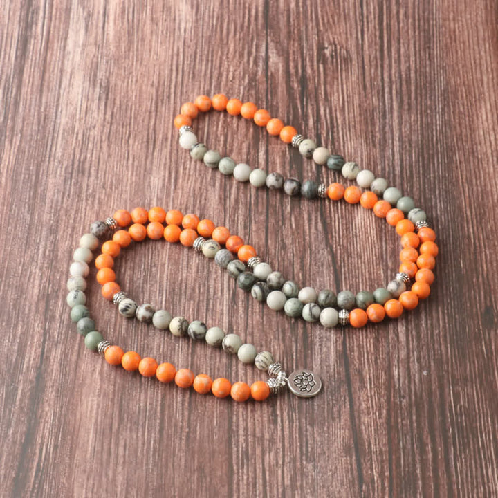 Olivenorma 108 Collana con ciondolo di loto in pietra imperatore arancione Mala Beads