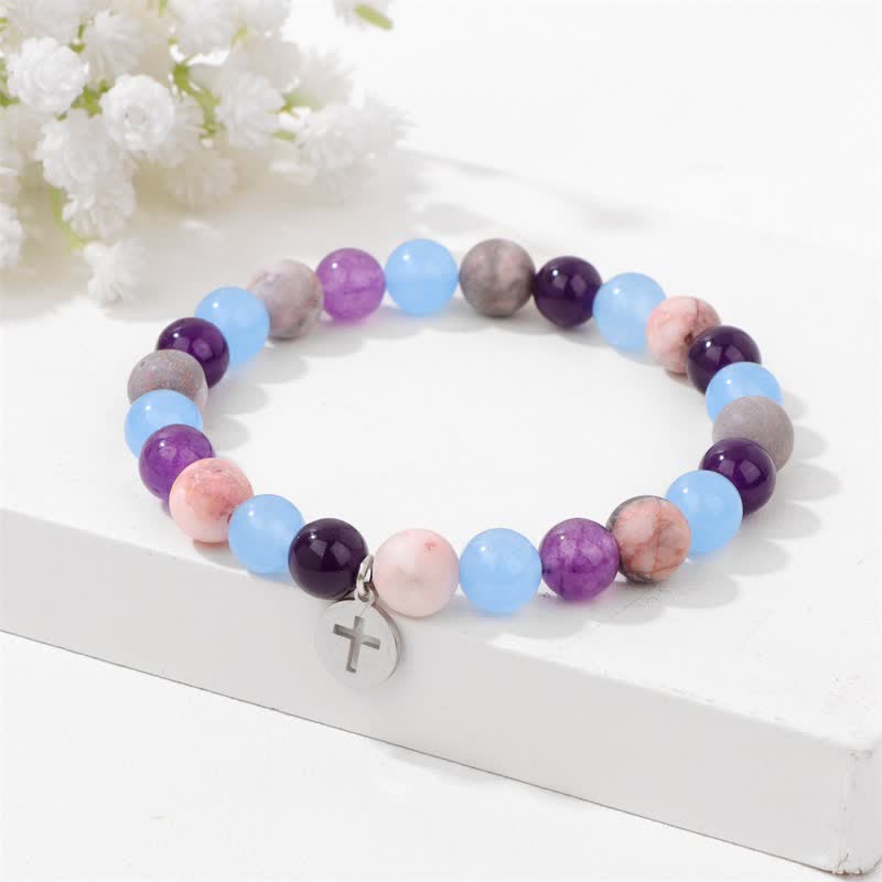 Olivenorma Bracciale con ciondolo a croce in pietra naturale da 8 mm 