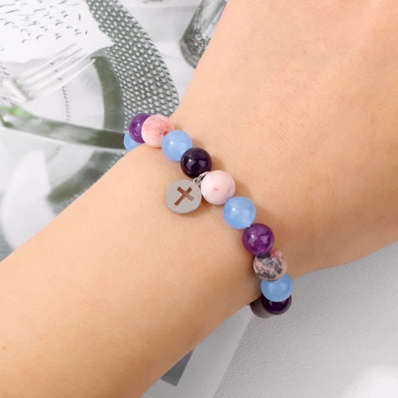 Olivenorma Bracciale con ciondolo a croce in pietra naturale da 8 mm 