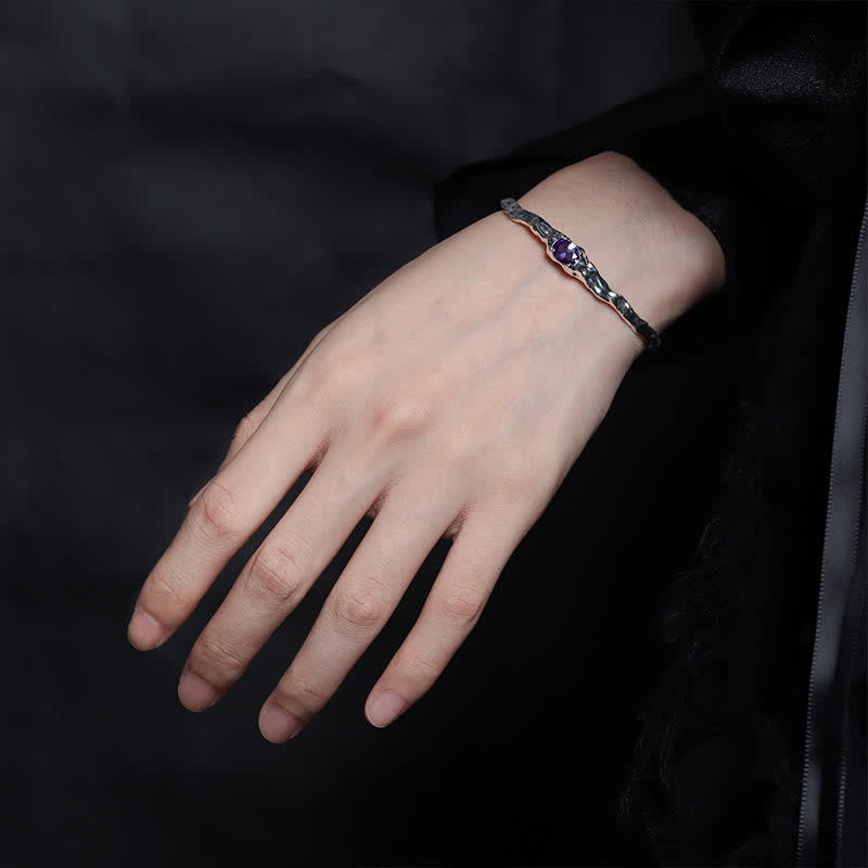 Olivenorma Bracciale aperto irregolare placcato argento con ametista naturale 