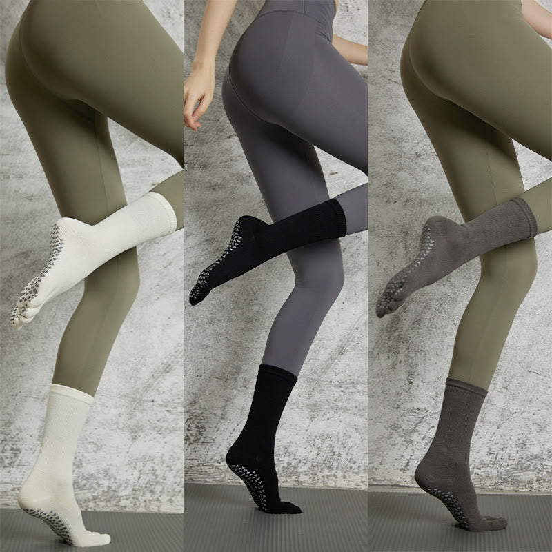 Calzini Olivenorma Yoga Pilates antiscivolo a cinque dita tinta unita - 3 paia (bianco+nero+grigio scuro) - image 27