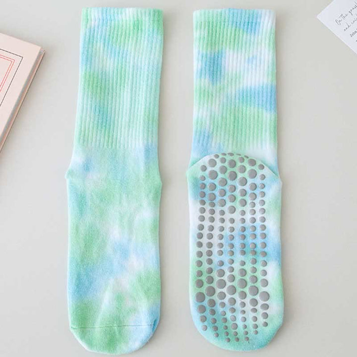 Calze Olivenorma Medium-Tube Tie-Dye antiscivolo per Pilates, Barre, allenamento, traspiranti, elasticizzate e comode per yoga. - Acquamarina - 10 paia - image 10