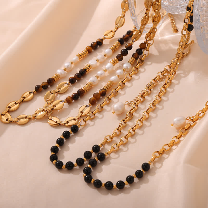 Collana in acciaio al titanio con perle d'acqua dolce e ossidiana con occhio di tigre Olivenorma