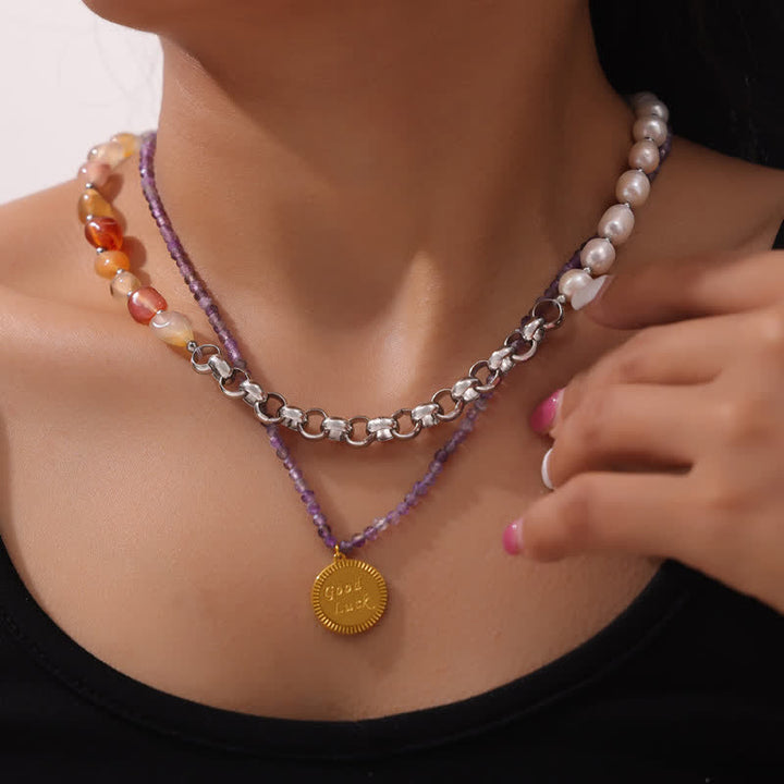 Collana in acciaio al titanio con perle d'acqua dolce e corniola Olivenorma 