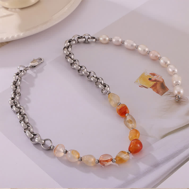 Collana in acciaio al titanio con perle d'acqua dolce e corniola Olivenorma 