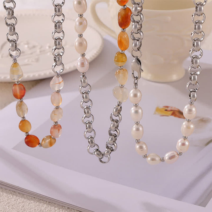 Collana in acciaio al titanio con perle d'acqua dolce e corniola Olivenorma 