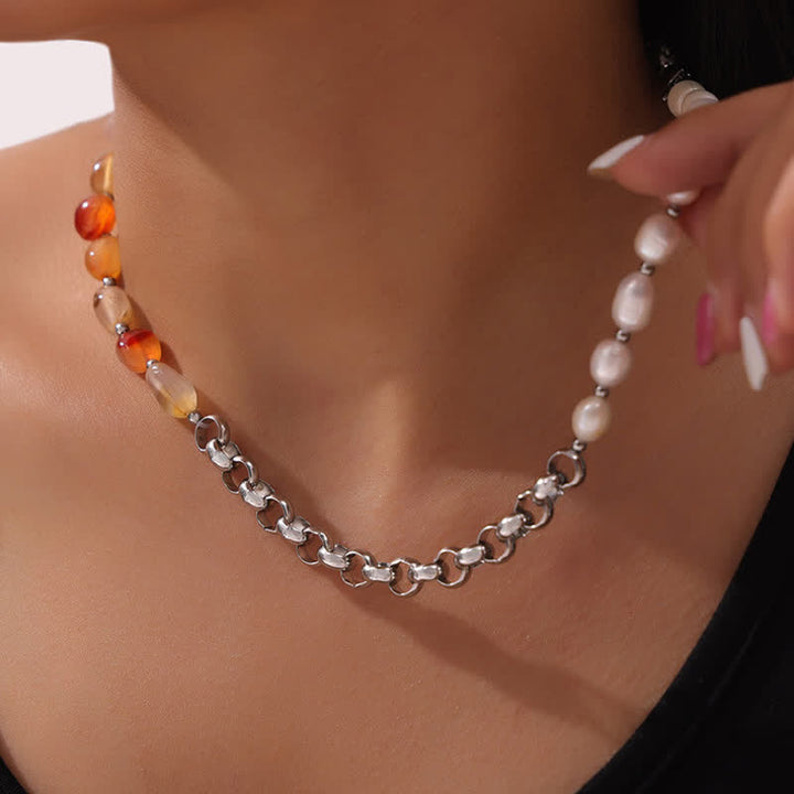 Collana in acciaio al titanio con perle d'acqua dolce e corniola Olivenorma 