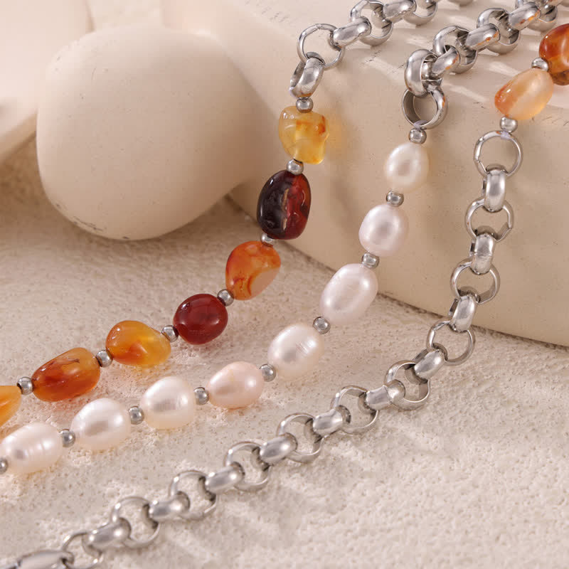 Collana in acciaio al titanio con perle d'acqua dolce e corniola Olivenorma 