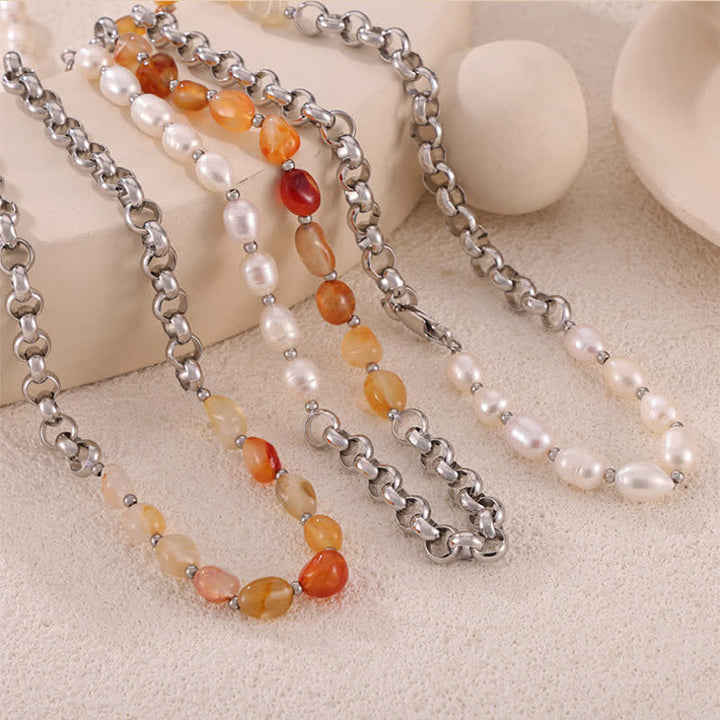 Collana in acciaio al titanio con perle d'acqua dolce e corniola Olivenorma 