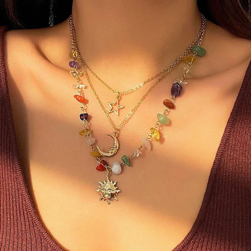 Collana con ciondolo stella luna sole in pietra naturale Olivenorma 