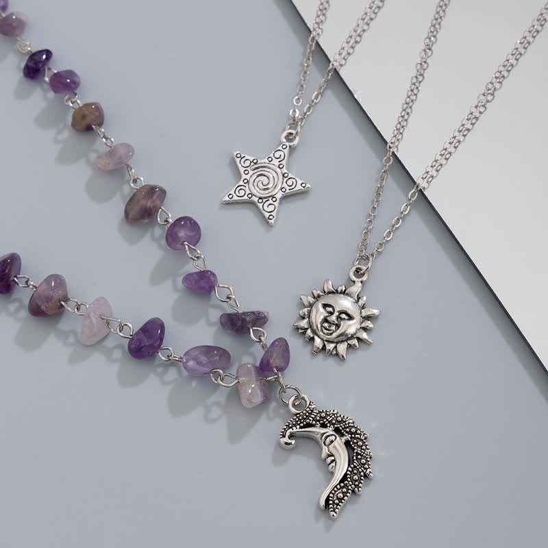 Collana con ciondolo stella luna sole in pietra naturale Olivenorma 