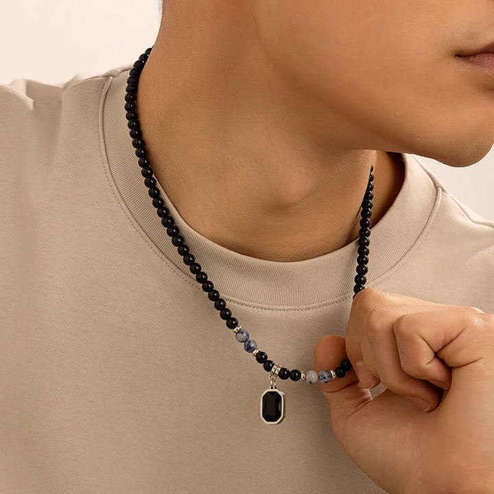 Collana da uomo con perline in pietra naturale di onice nero Olivenorma