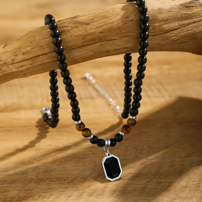 Collana da uomo con perline in pietra naturale di onice nero Olivenorma - image 1