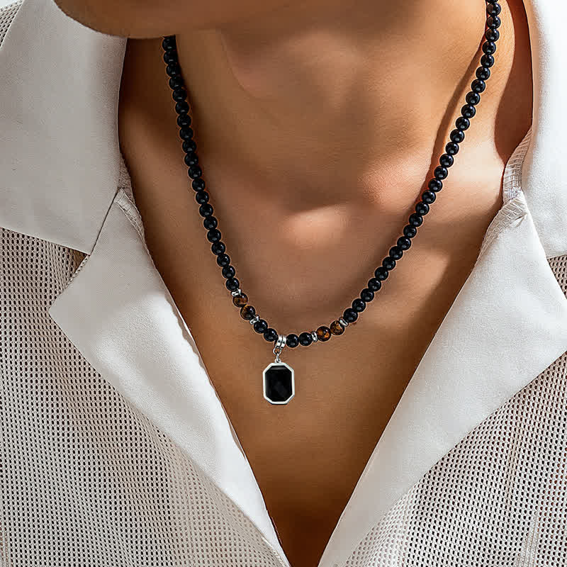 Collana da uomo con perline in pietra naturale di onice nero Olivenorma