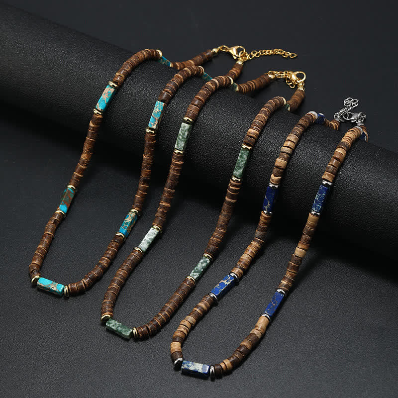 Collana con perline di legno di cocco marrone Olivenorma e perline di pietra naturale