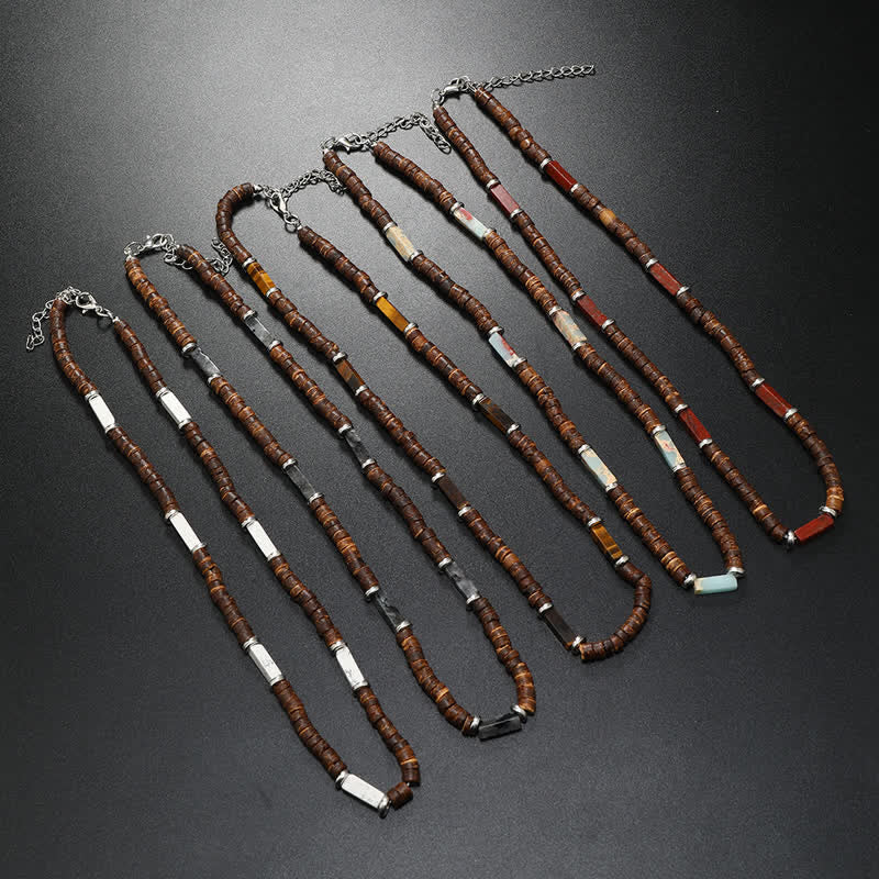 Collana con perline di legno di cocco marrone Olivenorma e perline di pietra naturale