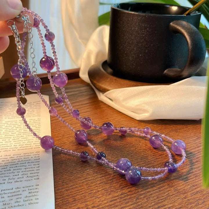 Collana con clavicola Olivenorma in ametista naturale, perle grandi e piccole