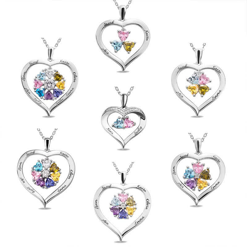Collana personalizzata Olivenorma con pietra portafortuna a forma di cuore con 1-6 nomi incisi