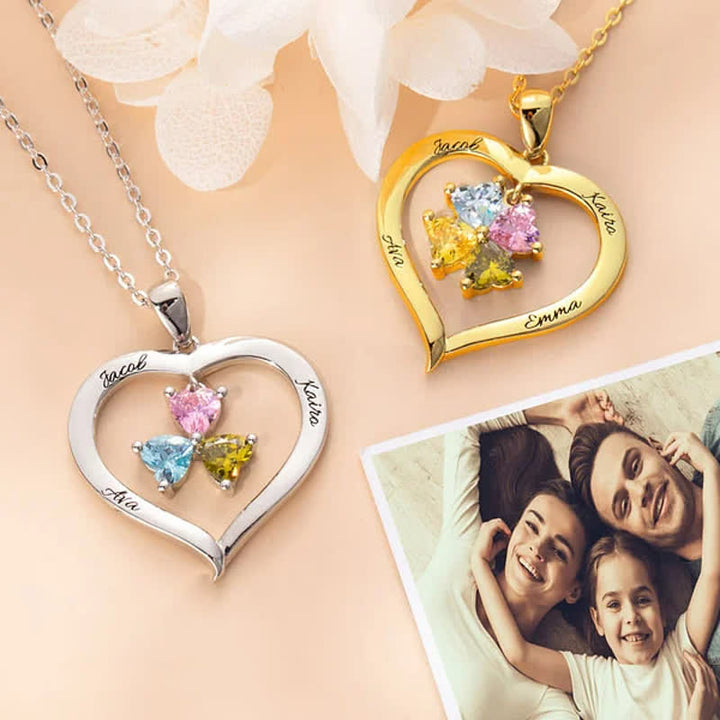 Collana personalizzata Olivenorma con pietra portafortuna a forma di cuore con 1-6 nomi incisi