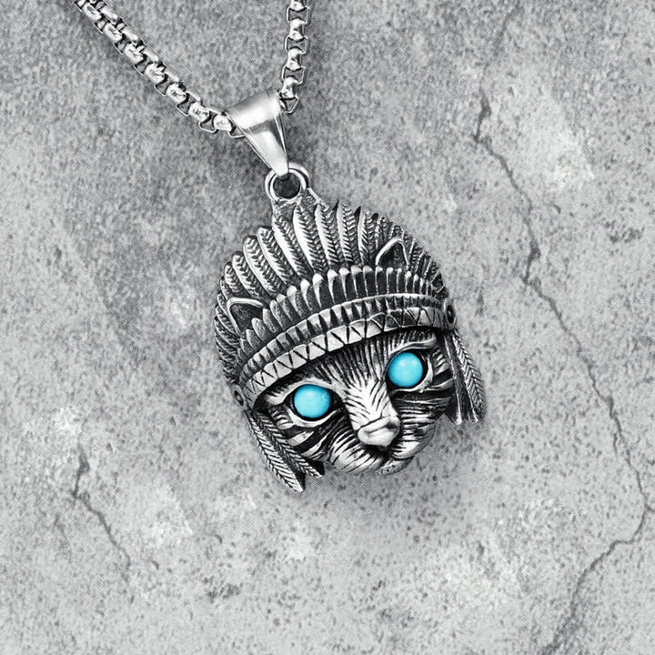 Olivenorma Chief Cat Collana in acciaio inossidabile con occhio turchese blu e punk rock