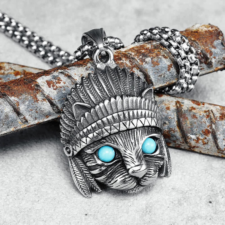 Olivenorma Chief Cat Collana in acciaio inossidabile con occhio turchese blu e punk rock