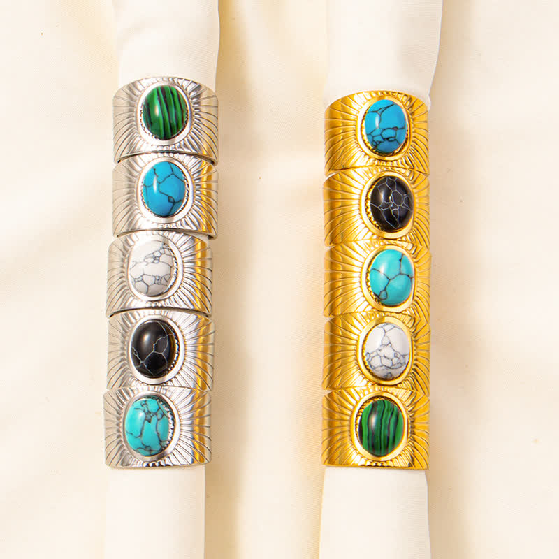 Olivenorma Anello largo regolabile in pietra naturale ovale intarsiata