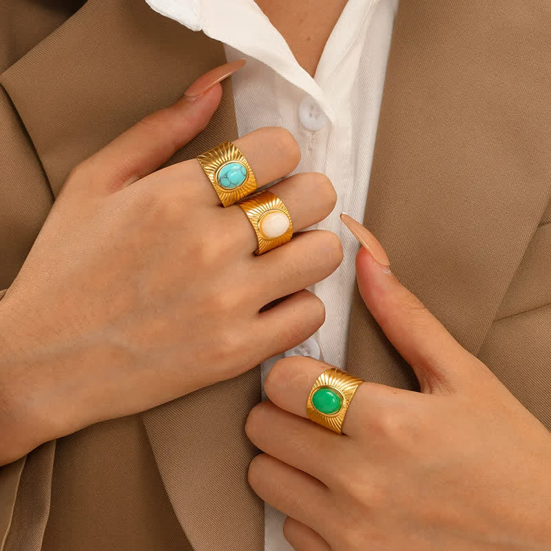 Olivenorma Anello largo regolabile in pietra naturale ovale intarsiata