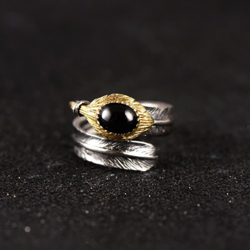 Olivenorma S925 Anello aperto a forma di piuma curva in argento - Ossidiana - image 15