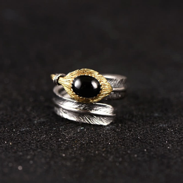 Olivenorma S925 Anello aperto a forma di piuma curva in argento - Ossidiana - image 15