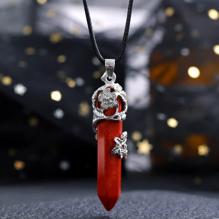 Collana con ciondolo a forma di fiore con colonna esagonale in pietra di cristallo Olivenorma 