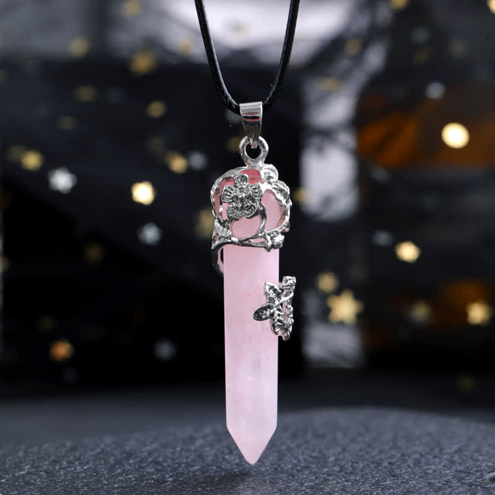 Collana con ciondolo a forma di fiore con colonna esagonale in pietra di cristallo Olivenorma 